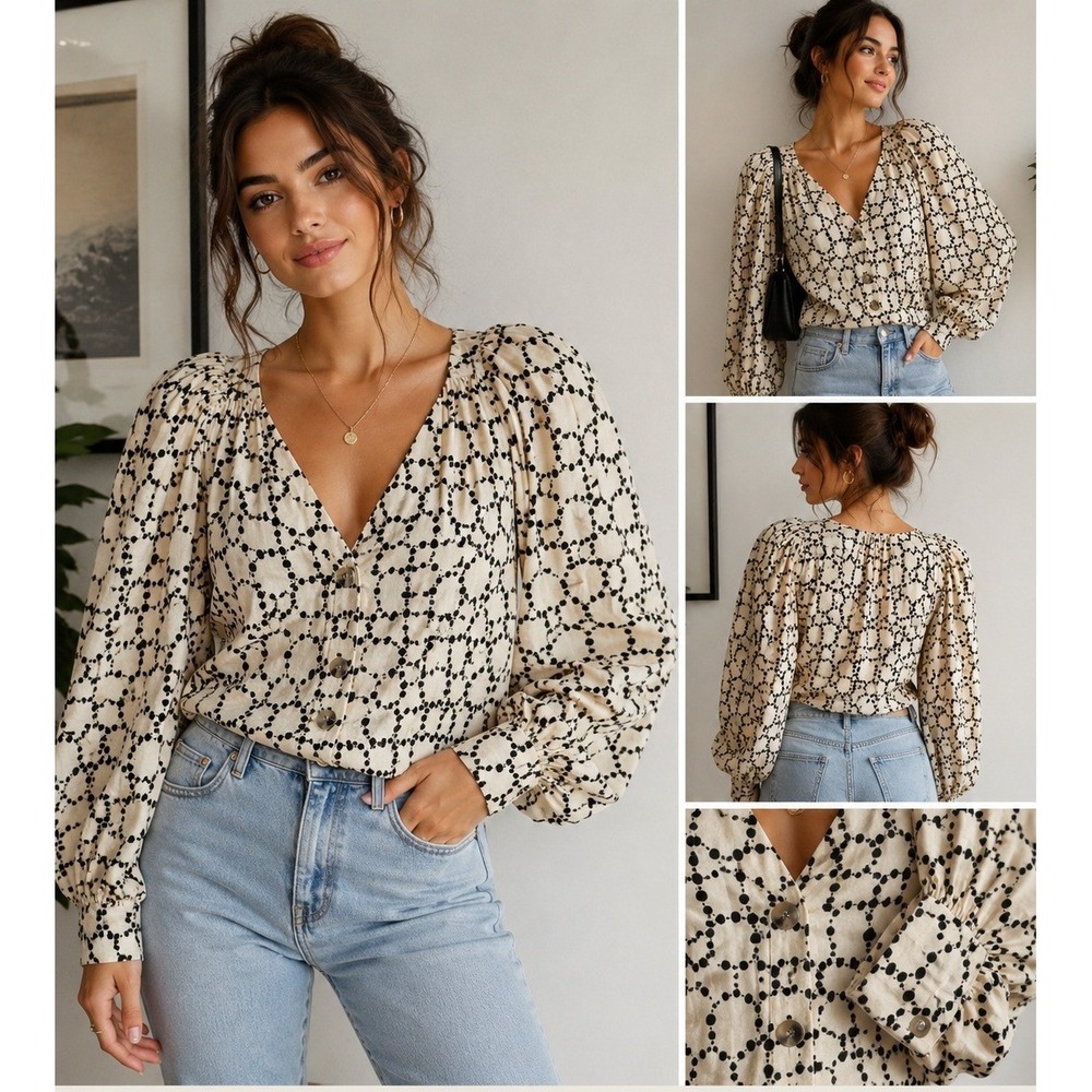 Cream Black Polka Dot Puff Sleeve Blouse Coquette Parisian Chic H&M XXS